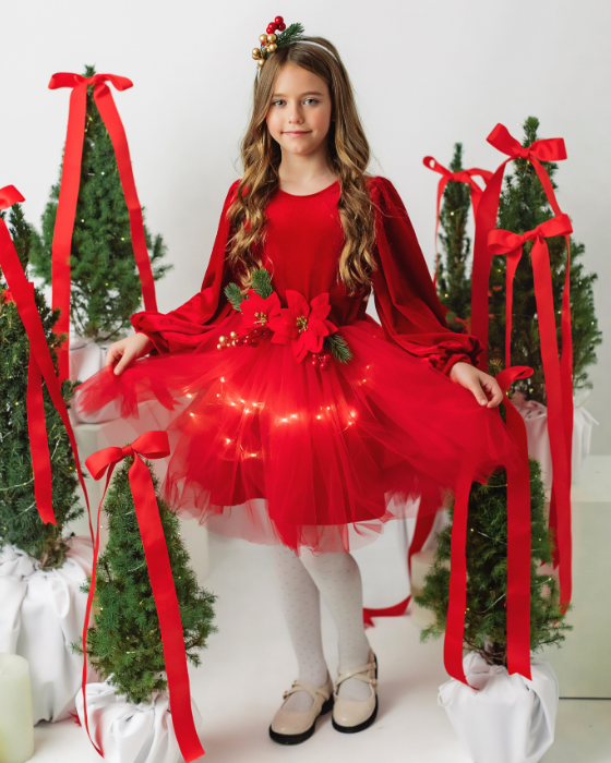 Rochița Rosie de Catifea Craciunita,Tutu, de Craciun cu luminite minunata