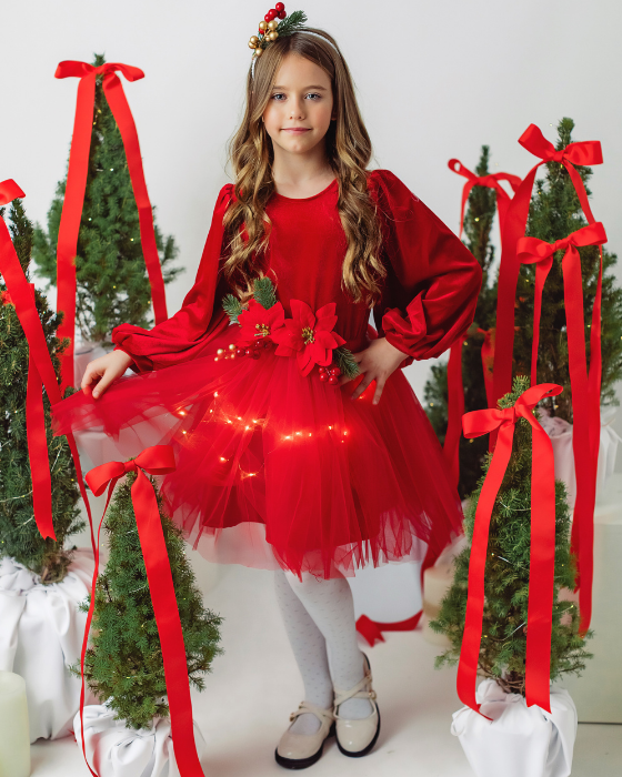 Rochița Rosie de Catifea Craciunita,Tutu, de Craciun cu luminite minunata