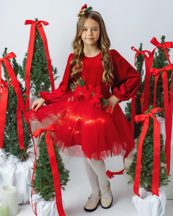 Rochița Rosie de Catifea Craciunita,Tutu, de Craciun cu luminite minunata