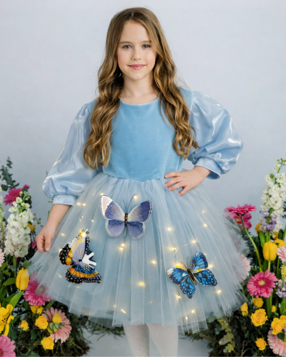 Rochita cu Luminite Bleu, tulle cu Fluturasi