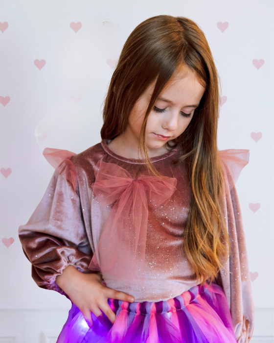 Bluzița de Catifea cu Sclipici ROZcu Mânecă Bufantă