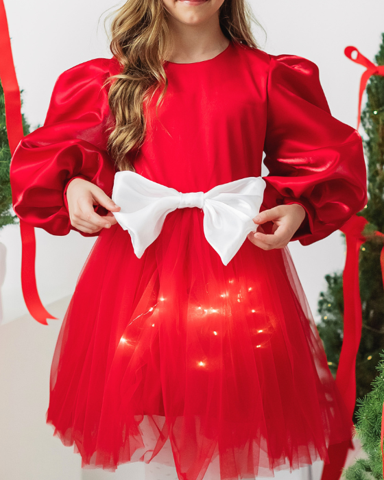 Rochiță cu Luminițe roșie cu fundiță Albă, de Martisor