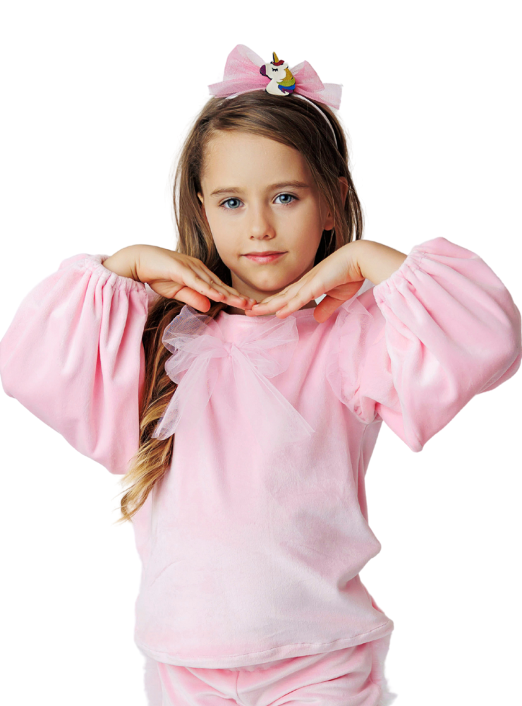 Bluzița Roz, de Catifea de Craciun cu Mânecă Bufantă