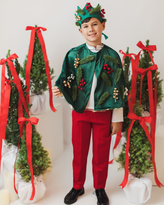 Costum 3 Piese, Verde-Rosu, Spiridus, pantaloni + pelerina + coroana