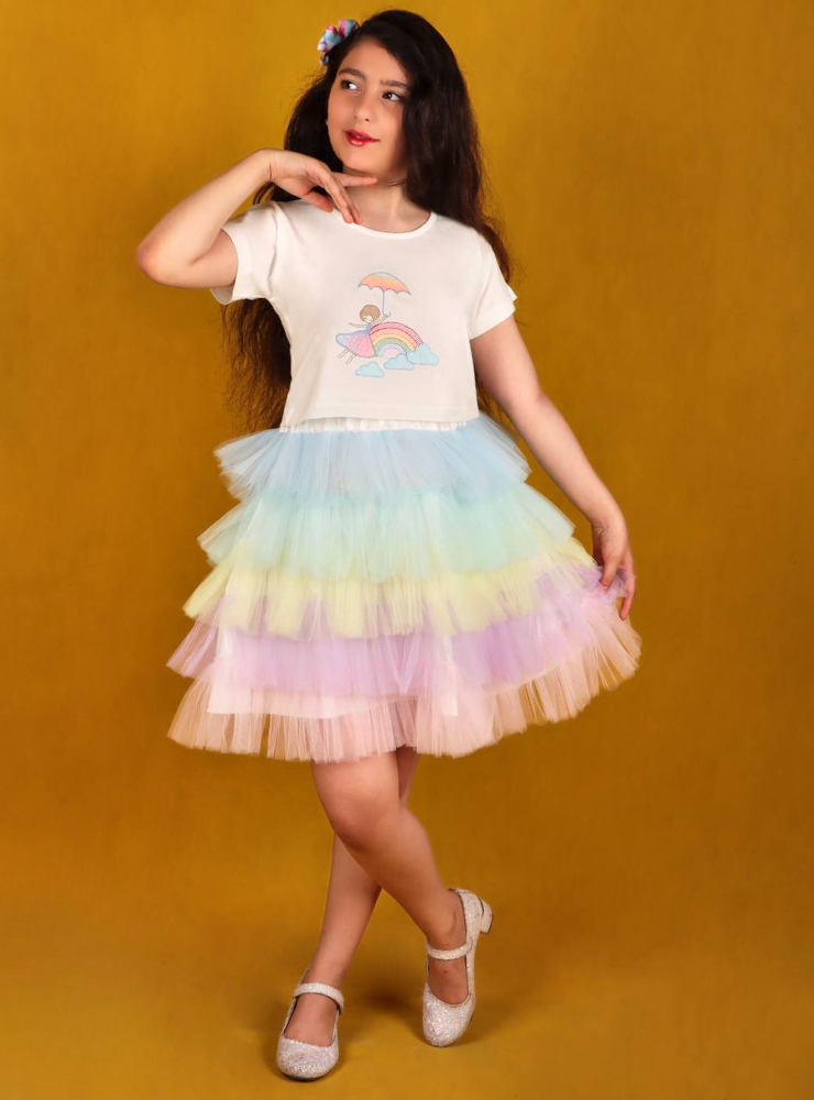 Set, Skirt + Rainbow Blouse, Tulle and Cotton