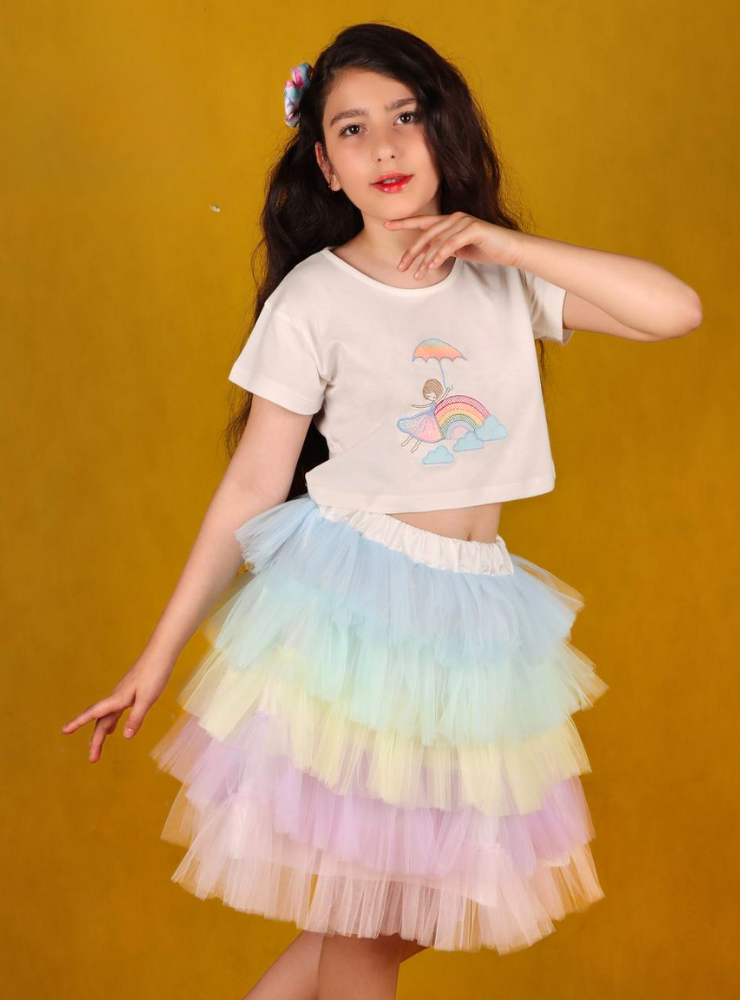 Set, Skirt + Rainbow Blouse, Tulle and Cotton