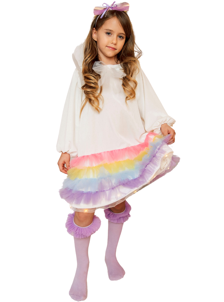 Rochița cu Luminițe Albă Curcubeu, de Catifea de Craciun cu Luminite