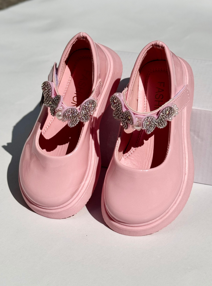 Pink Princess Shoes with Butterflies and Pebbles, for School and Kindergarten