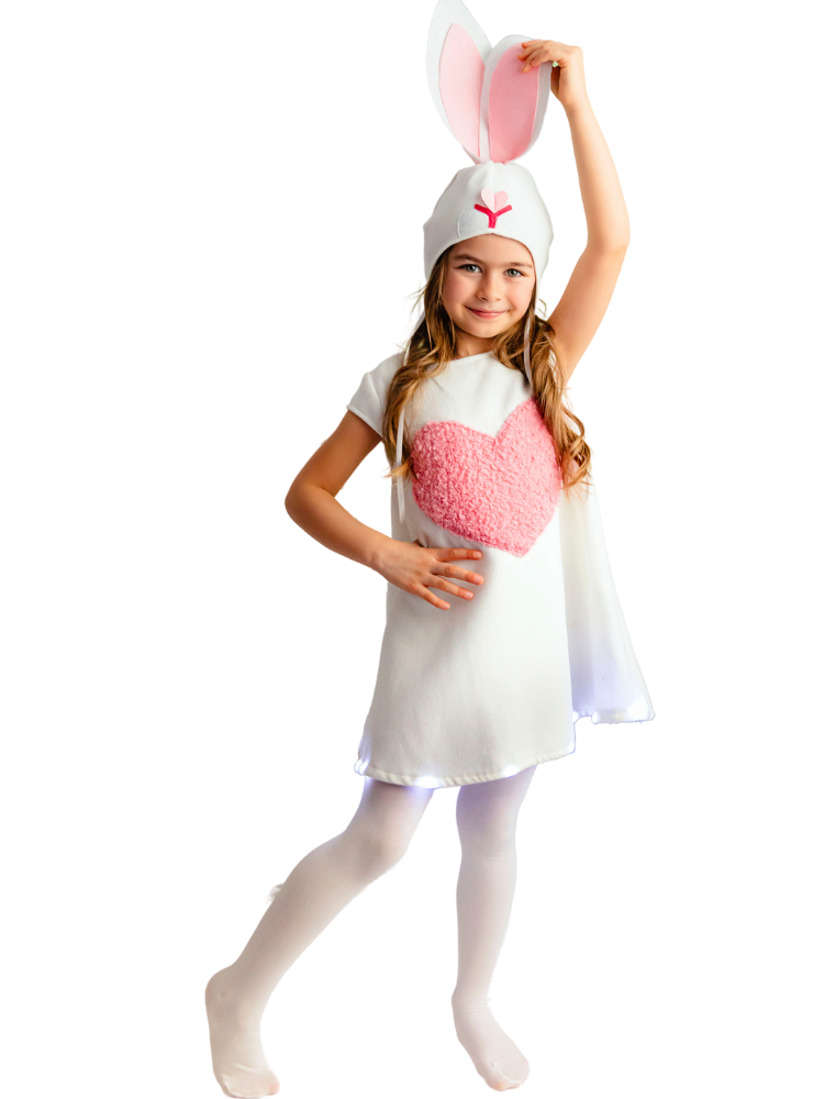 Rochița cu Luminite Iepuras de Paste, Alba cu Inimioară Roz, 2-4 ani, de fetite