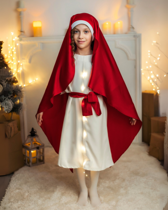 Costum de Maica Domnului Fecioara Maria, 3 Piese, cu Luminițe, Roșu, Serbare, Grădiniță / Școală