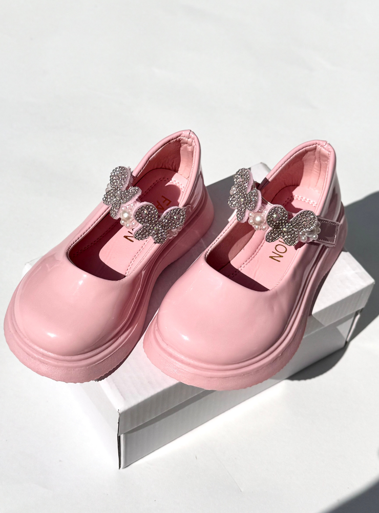 Pink Princess Shoes with Butterflies and Pebbles, for School and Kindergarten