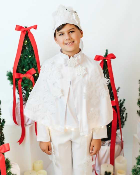 Costum Fulg de nea 2 piese, ALB , pelerina + coroana pentru serbare iarna