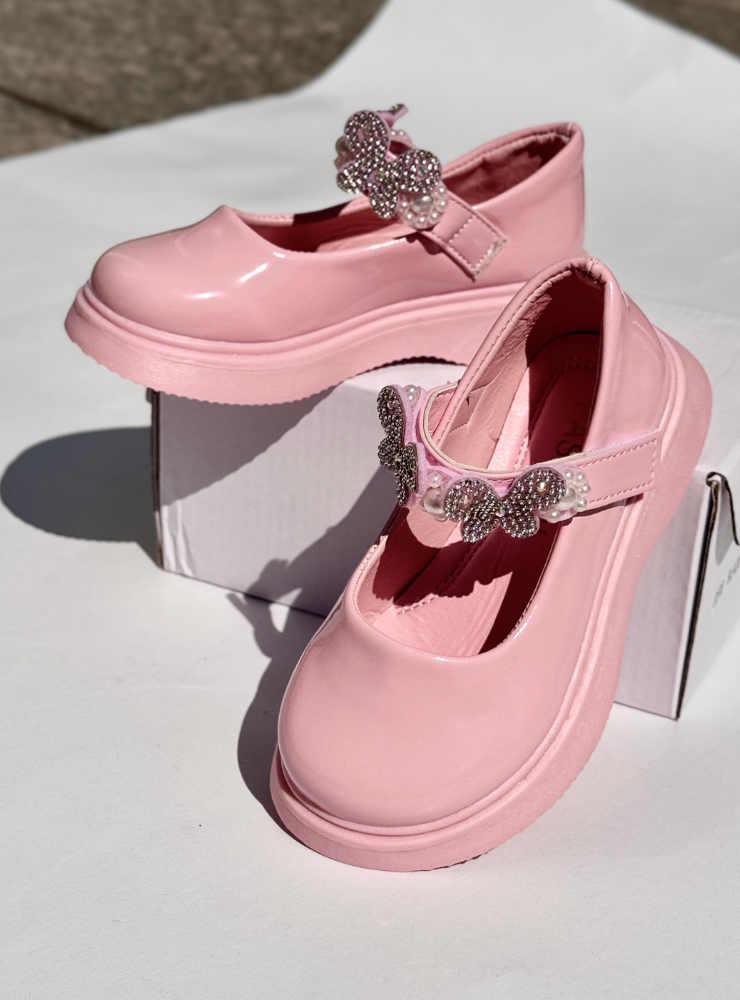 Pink Princess Shoes with Butterflies and Pebbles, for School and Kindergarten