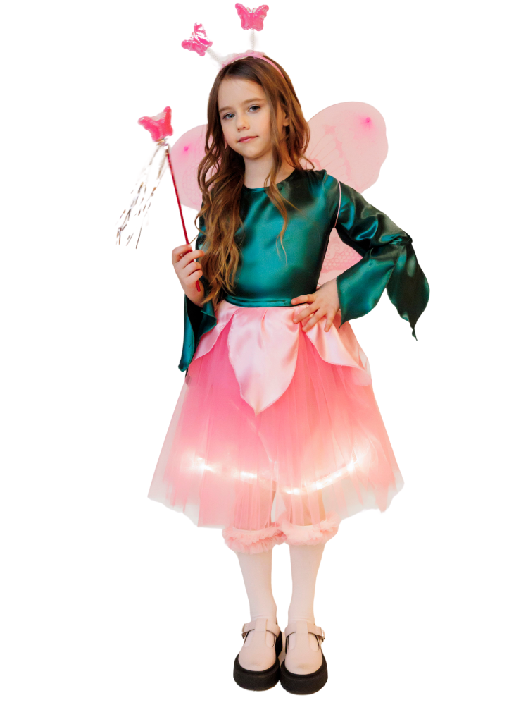 Costum cu Luminițe, Zână Floare Roz / Fluture, 4 Piese