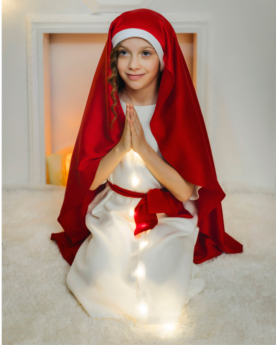 Costum de Maica Domnului Fecioara Maria, 3 Piese, cu Luminițe, Roșu, Serbare, Grădiniță / Școală