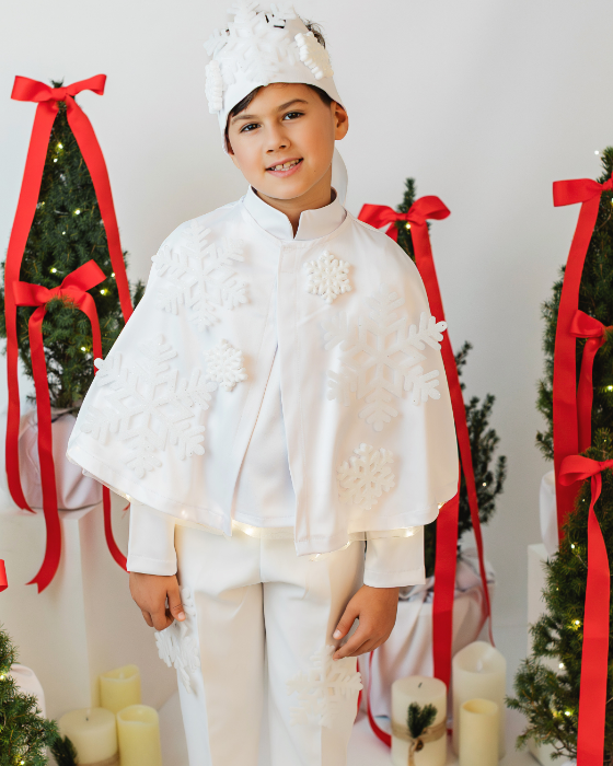 Costum Fulg de nea 2 piese, ALB , pelerina + coroana pentru serbare iarna