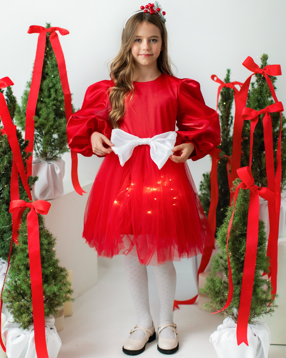 Rochita cu Luminite rosie cu fundita Alba, Iubirea de Craciun