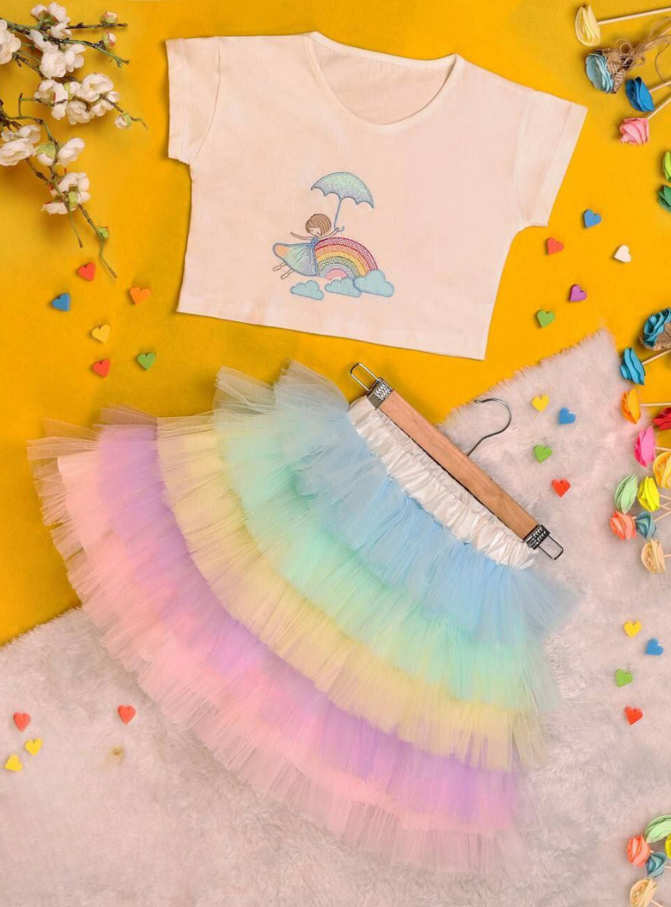 Set, Skirt + Rainbow Blouse, Tulle and Cotton