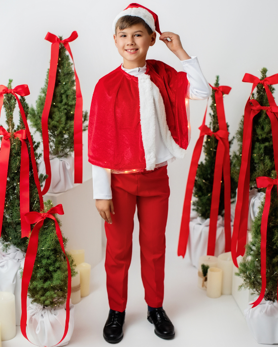 Costum Mos Craciun, Baiat 3 piese (pelerina, caciula, pantaloni)