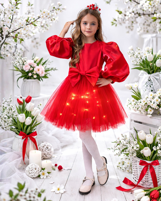 Rochita cu Luminite Roșie cu Fundita de Primavara
