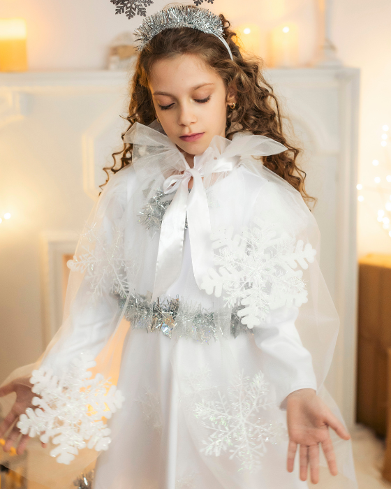 Pelerină de Crăciun, Fulg de Nea Albă, din Tulle Sidefat, cu Fulgi de Nea