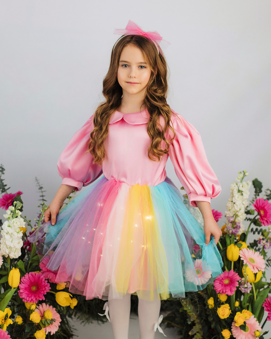 Rochița Curcubeu cu bust Roz cu Luminițe, 7-9 ani