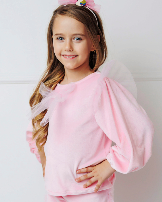 Bluzița Roz, de Catifea de Craciun cu Mânecă Bufantă