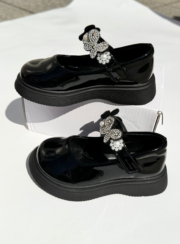 Pantofiori Negri cu Fluturași și Pietricele