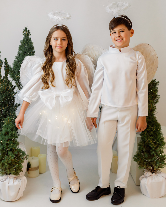 Costum Alb Baiat, Inger, 4 piese(bluza tunica, pantalon, aripi, aura)