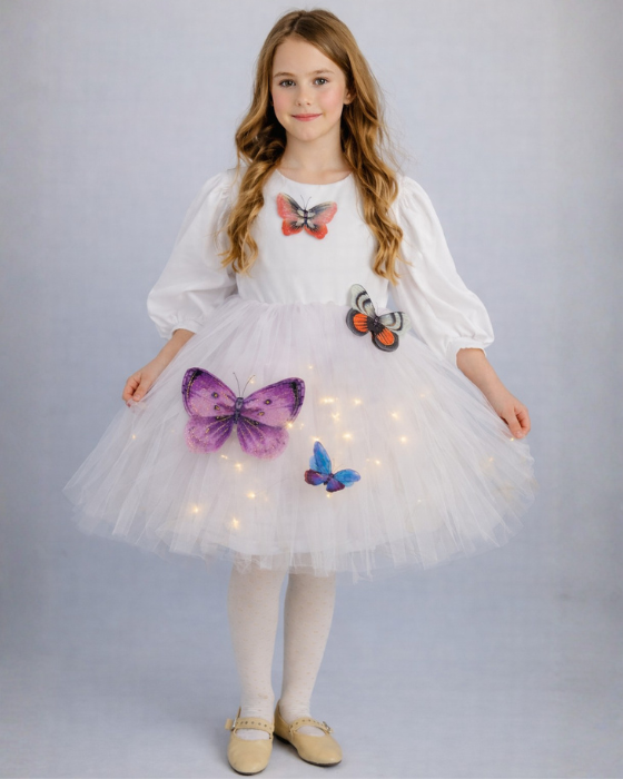 White Dress with Lights, Full of Colorful Butterflies