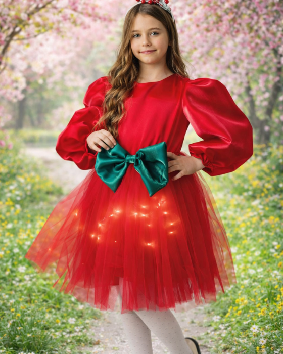 Rochiță cu Luminițe roșie cu fundiță Verde, de Primavara