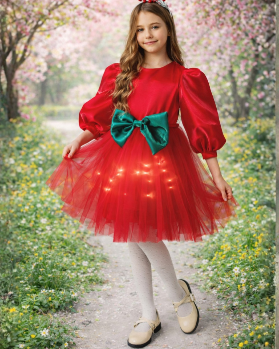 Rochiță cu Luminițe roșie cu fundiță Verde, de Primavara