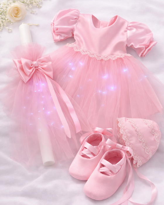 Set de Botez cu Luminite, Roz, 4 piese
