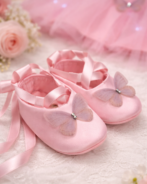 Pantofiori de Botez cu Fluturasi, Roz