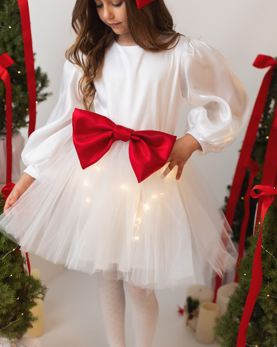 Rochita cu Luminite de Craciun, Alba cu fundita Rosie