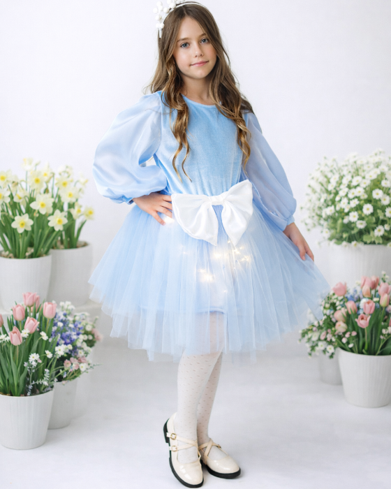 Rochiță cu Luminițe Bleu cu fundiță Albă