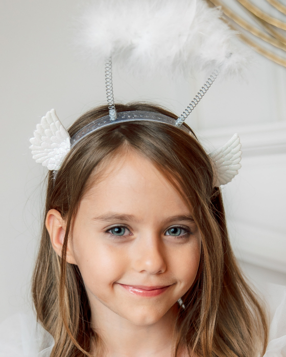 Coroniță cu Aură și Aripioare de Înger, Albă cu Sclipici, pentru Serbare