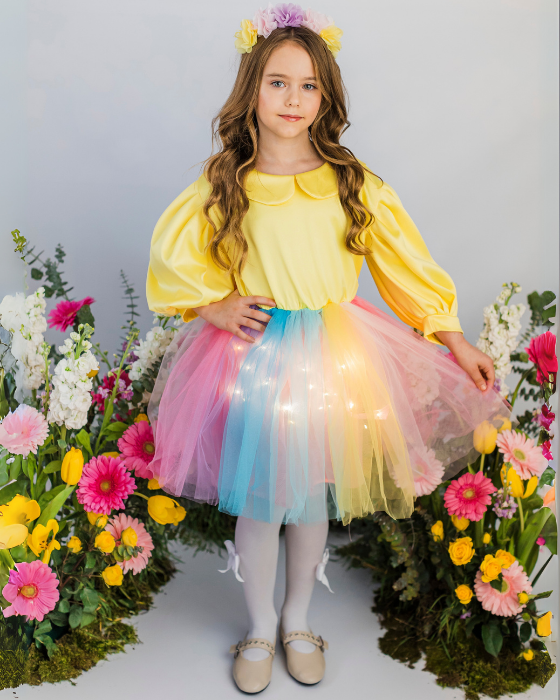 Rochița Curcubeu cu bust Galben cu Luminițe, Serbare Toamna