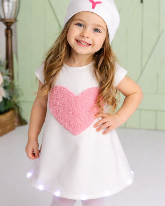 Rochița cu Luminite Iepuras de Paste, Alba cu Inimioară Roz, 2-4 ani, de fetite