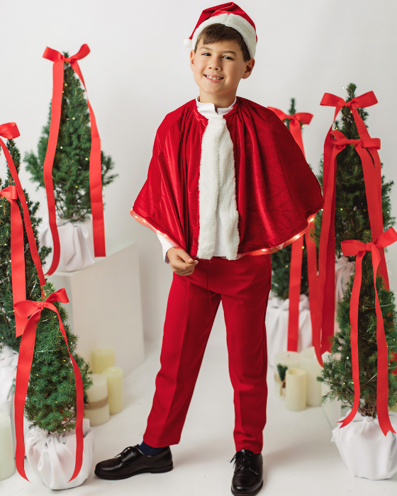 Costum Mos Craciun, Baiat 3 piese (pelerina, caciula, pantaloni)