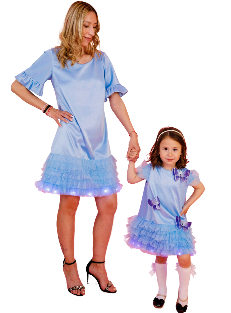 Set Mamă-Fiică, Bleu, Rochițe Fluturaș Magic cu Luminițe