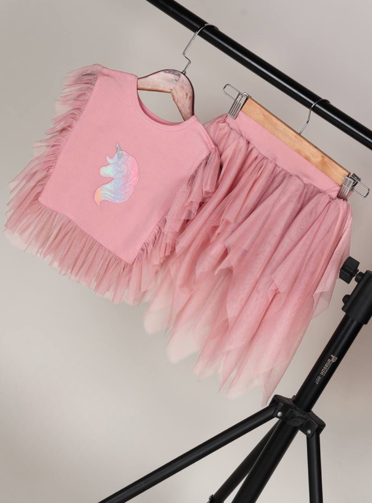 Compleu Roz Lejer și Bumbăcos, Fustiță + Bluziță, 2-3 ani (92-98 cm)