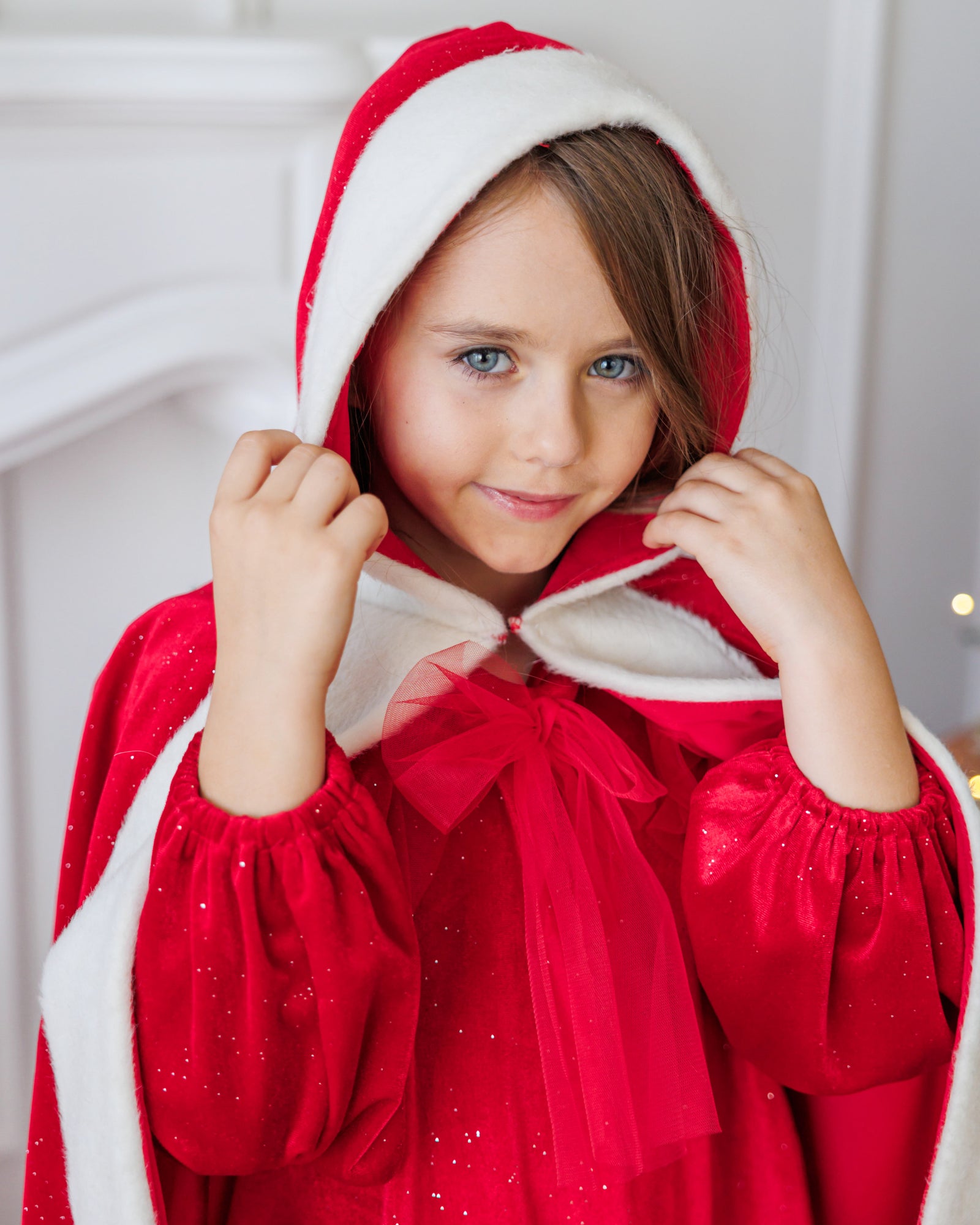 Hooded Cape with Fur Trim, Red with Glitter