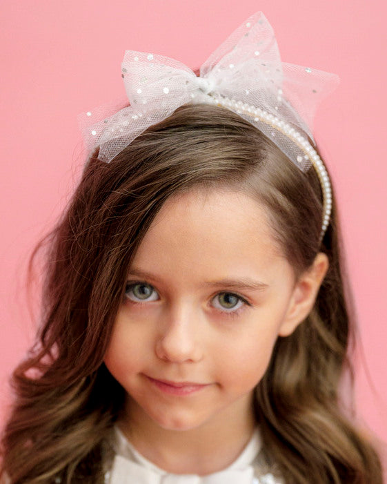 Headband with Pearls, White Tulle and Silver Glitter