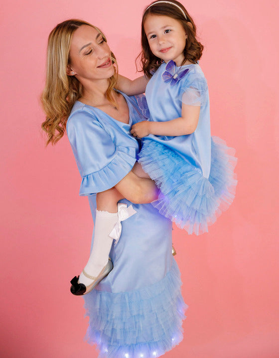 Set Mamă-Fiică, Bleu, Rochițe Fluturaș Magic cu Luminițe
