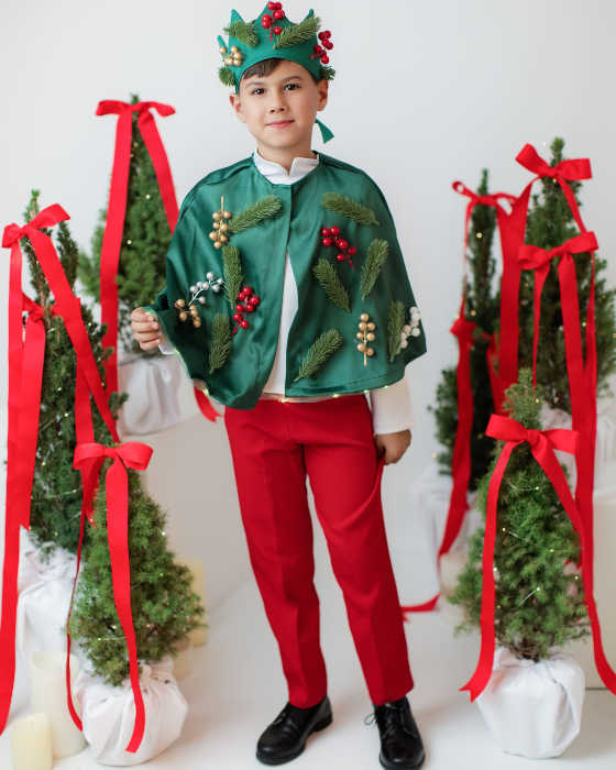 Costum 3 Piese, Verde-Rosu, Spiridus, pantaloni + pelerina + coroana