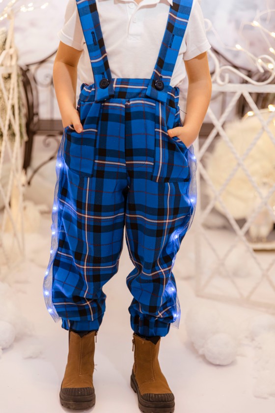 Pantaloni cu Led-uri, Bleumarin cu Carouri cu Bretele Ajustabile, de Craciun, de baieti