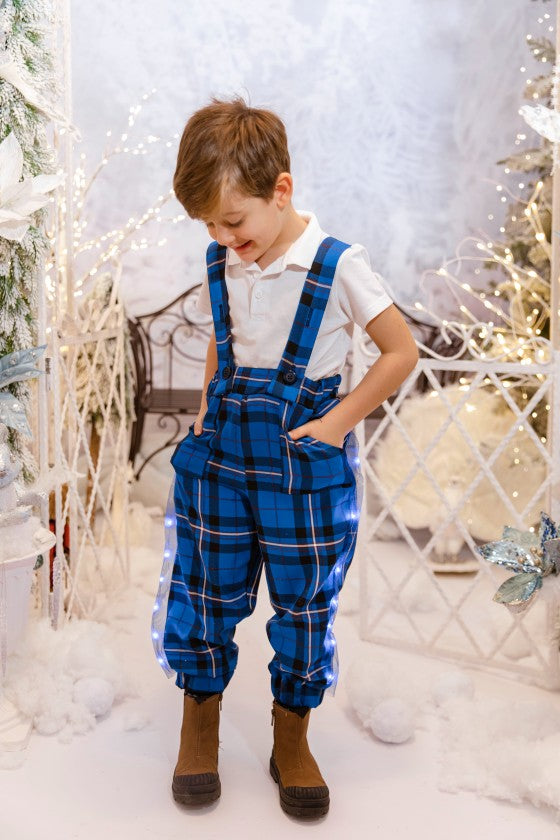 Pantaloni cu Led-uri, Bleumarin cu Carouri cu Bretele Ajustabile, de Craciun, de baieti