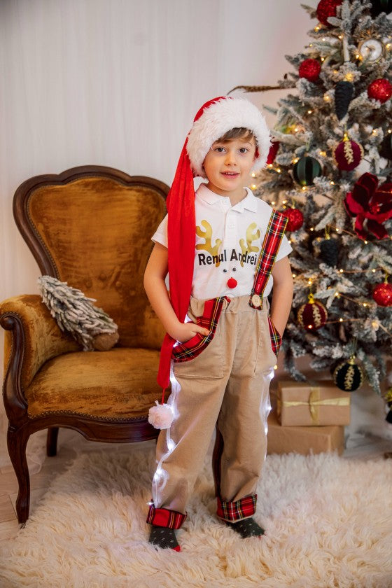 Pantaloni cu Led-uri, Crem - Roșu de Spiriduș cu Bretele Ajustabile