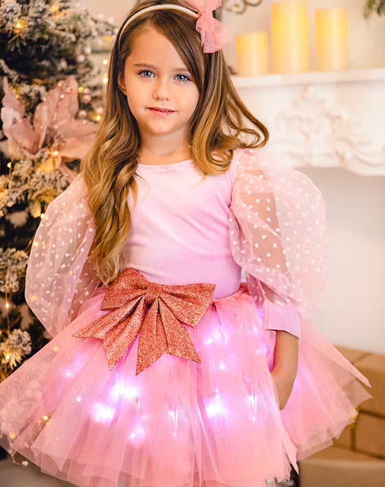 Fustița Roz, de Prințesă, cu Luminițe, Fundită Albă cu Sclipici
